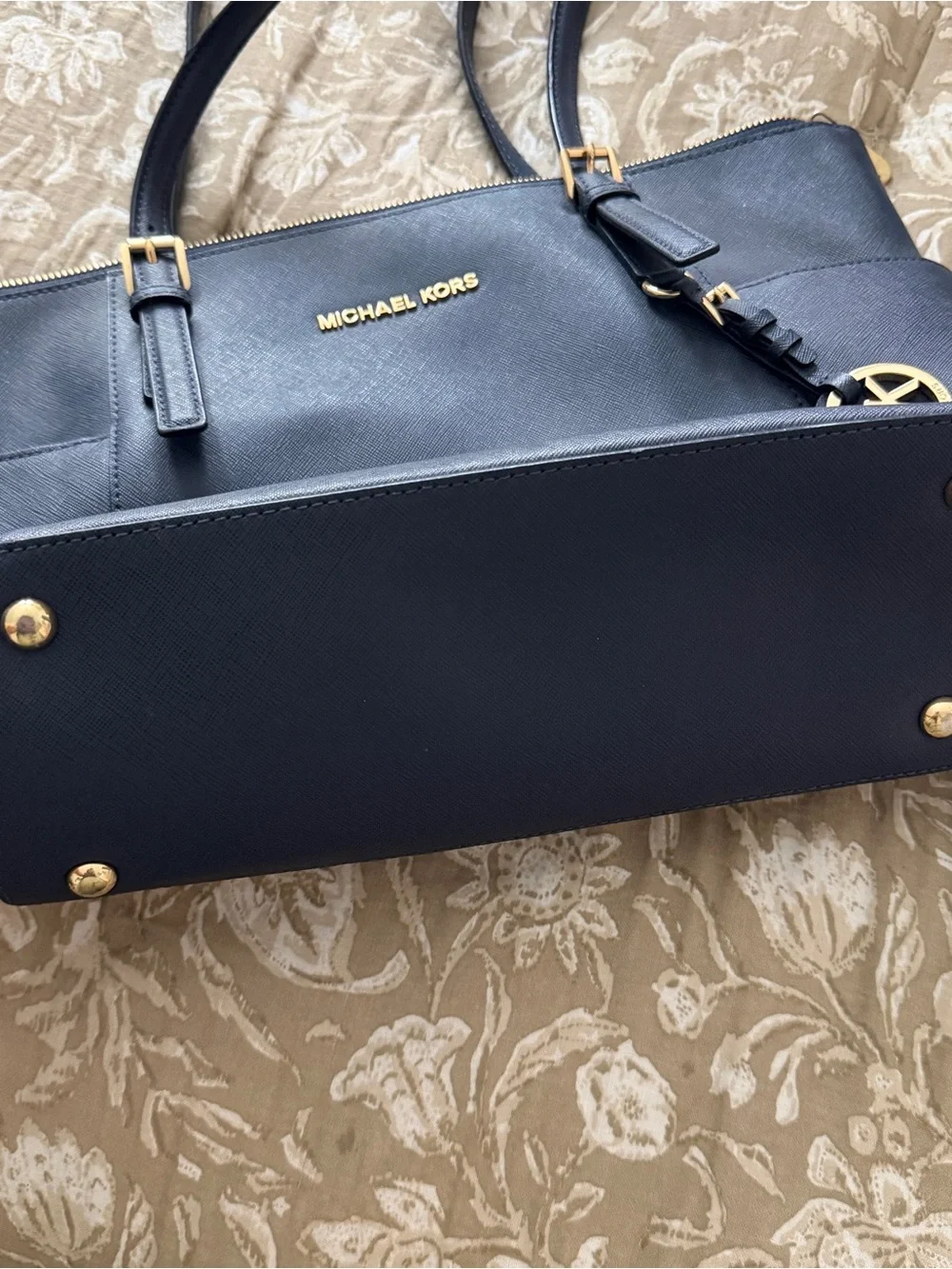 Michael Kors Dark Blue Leather Tote with Gold Accent Charm